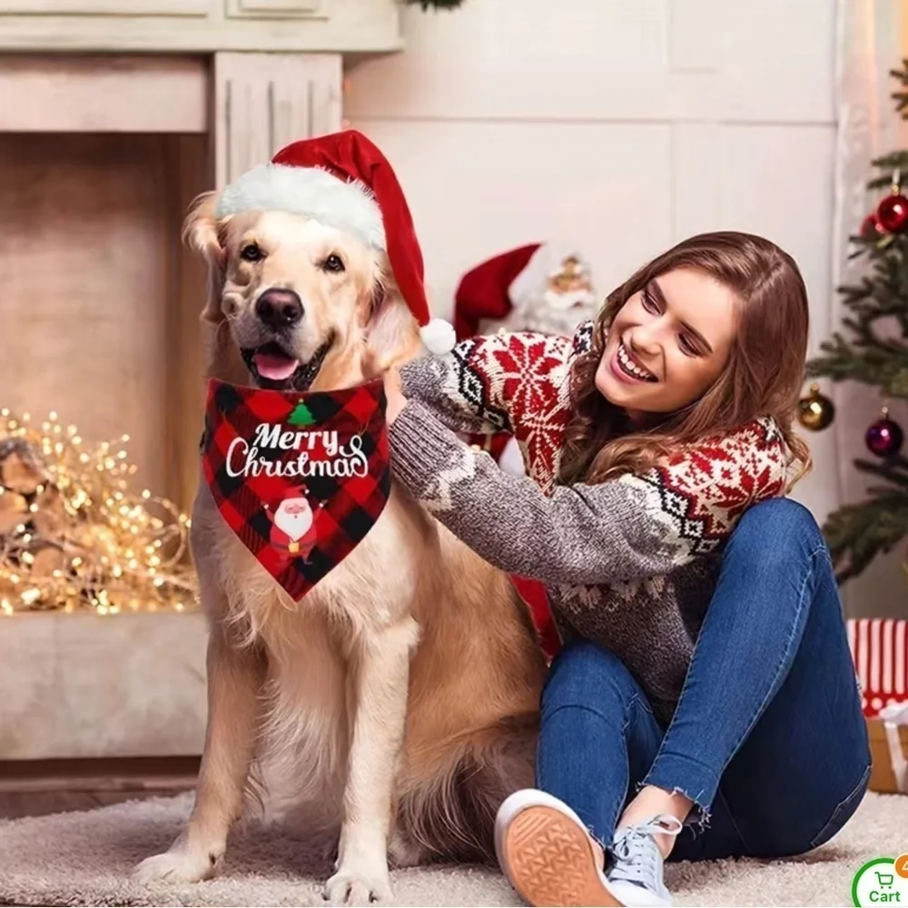 Christmas Dog Bandanna Tartan Plaid Merry Christmas Graphic Tie On Black Red OS